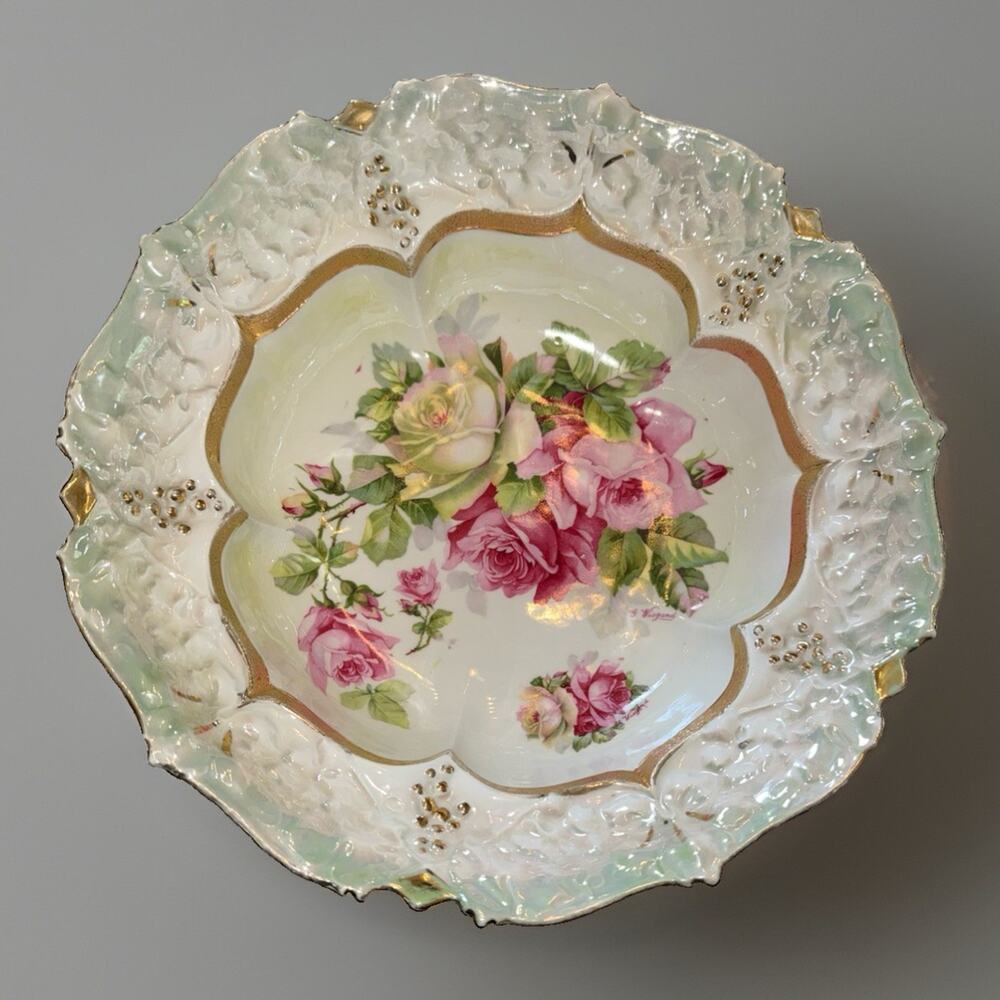 IPF Germany Antique Serving Bowl Floral Ruffle Gold Trim Edges 10.5”x3”